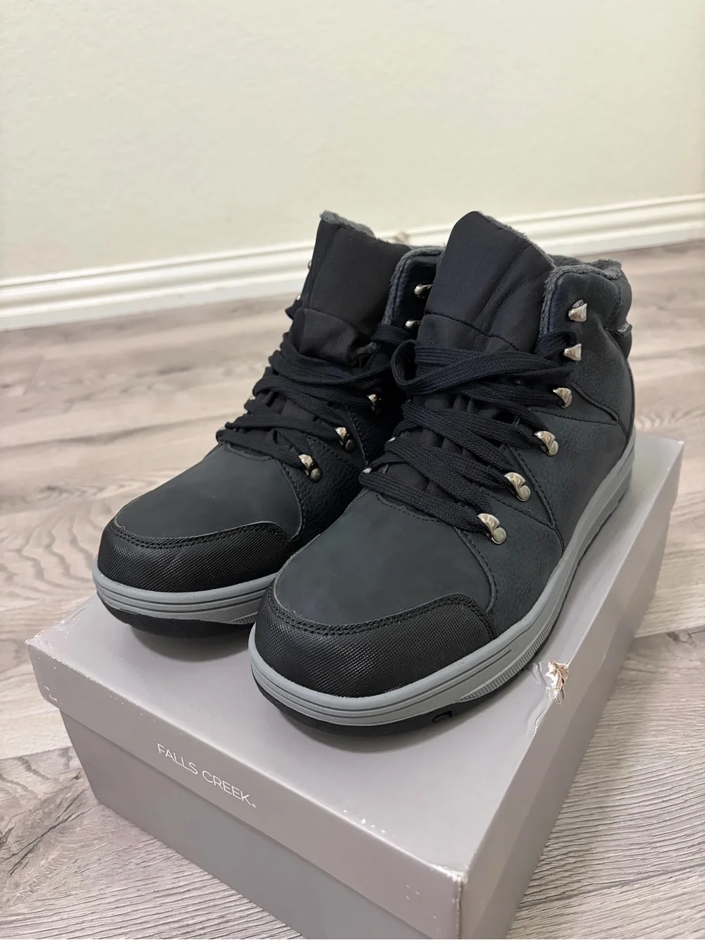 Falls Creek Men's Black and Gray Mid-Top Hiking Boots